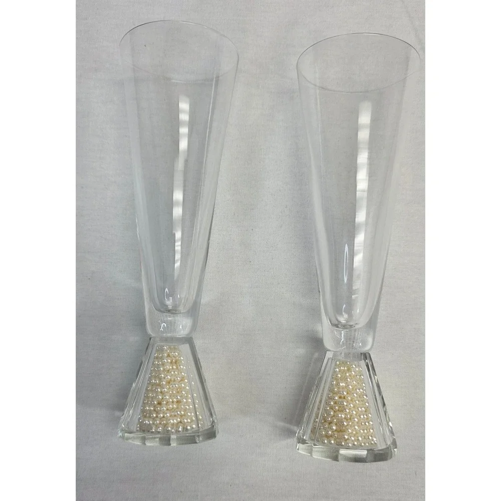 Pair of Faux Pearl Filled Base Champagne Flutes Wedding Toasting Glasses